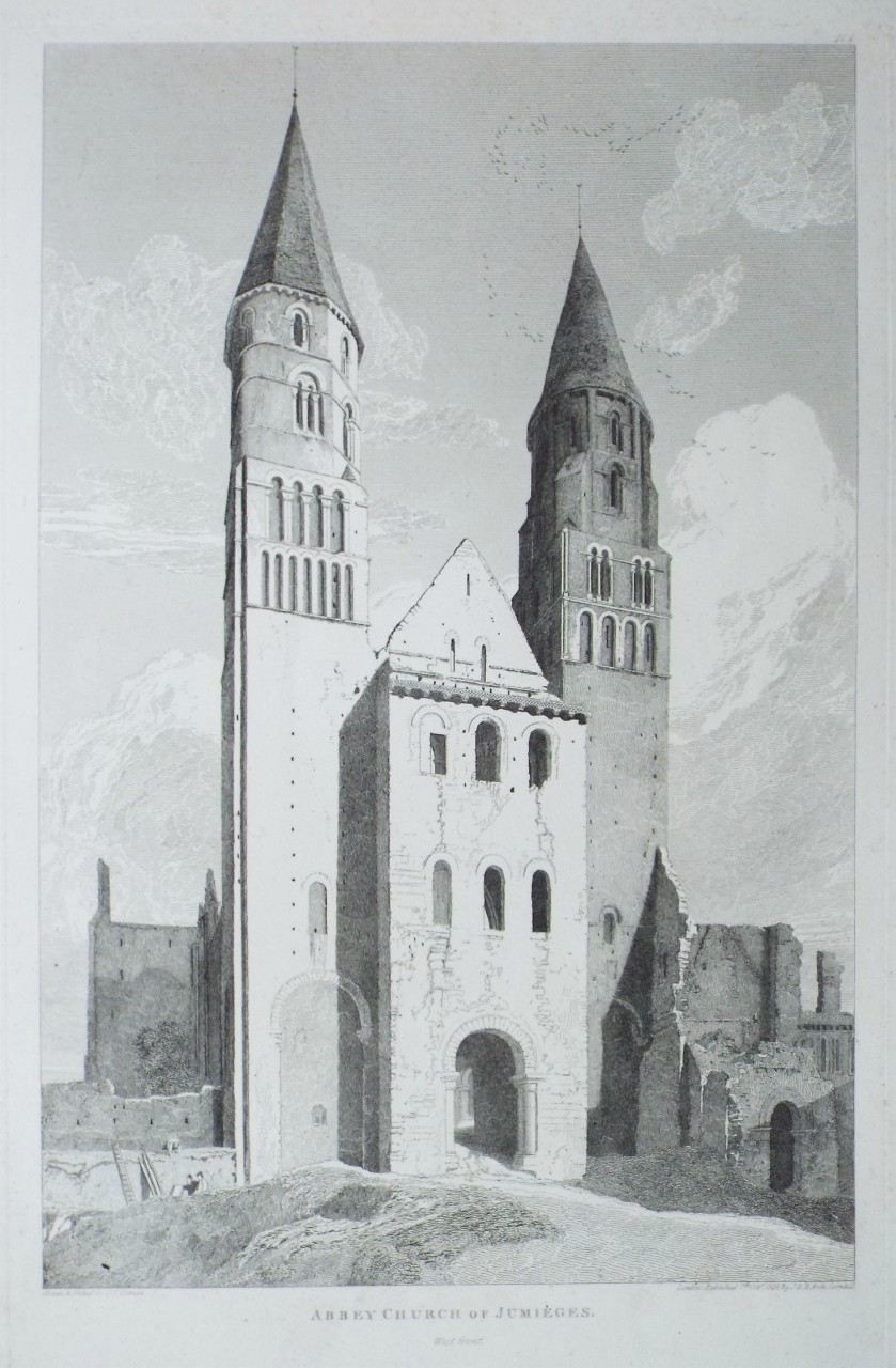 Etching - Abbey Church of Jumieges. West front. - Cotman