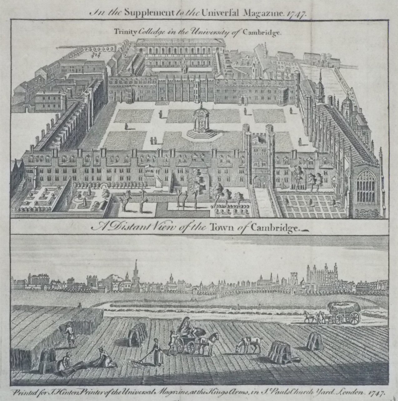 Print - Trinity College in the University of Cambridge. A Distant View of the Town of Cambridge.