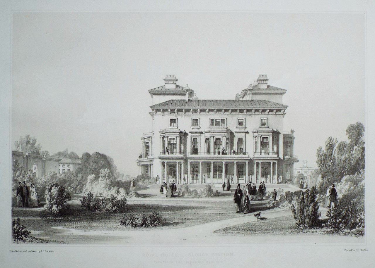 Lithograph - Royal Hotel, - Slough Station. View from the Pleasure Grounds. - Bourne