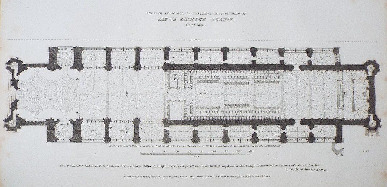 Print - Ground Plan with the Groining &c. of the Roof of King's College Chapel, Cambridge. - Roffe