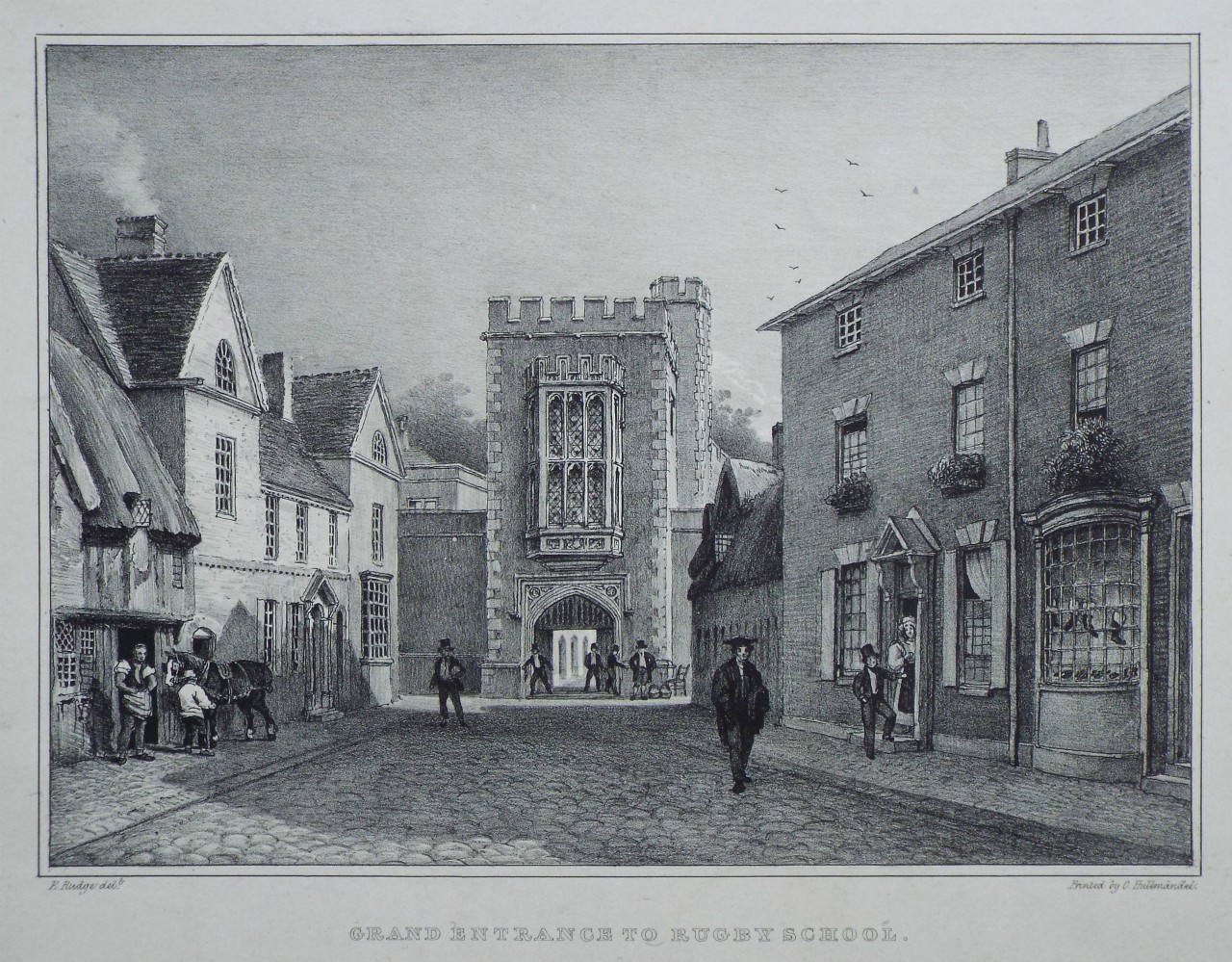 Lithograph - Grand Entrance to Rugby School.