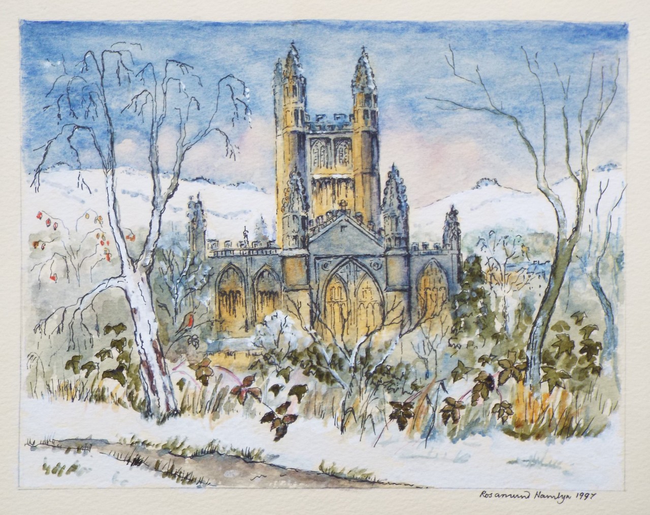 Ink & watercolour - Floodlit Abbey in Winter