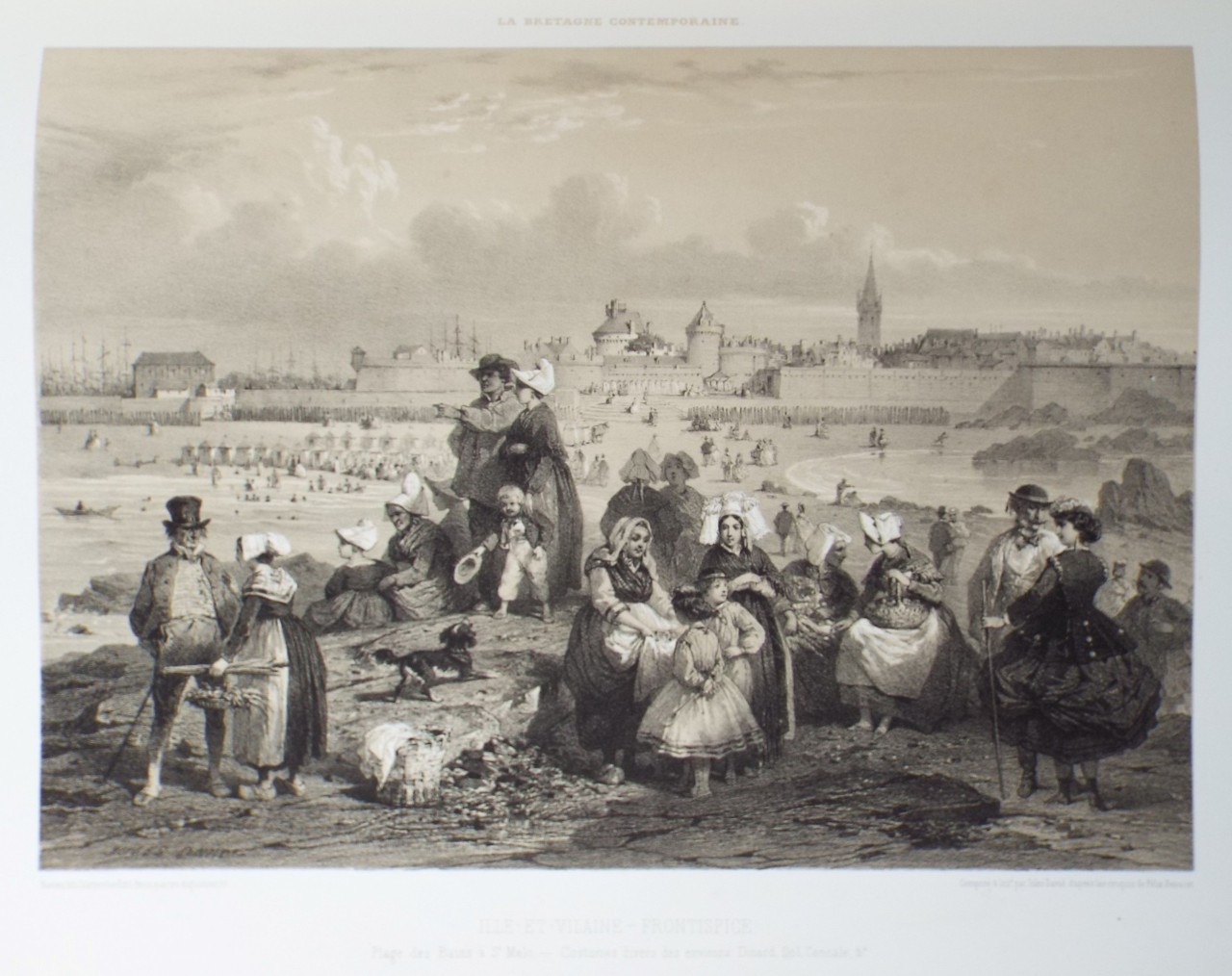 Lithograph - Ille et Vilaine - Frontispiece Plage des Bains a St. Malo - Costumes divers des environs. Dinard, Dol, Cancale &c - Jules