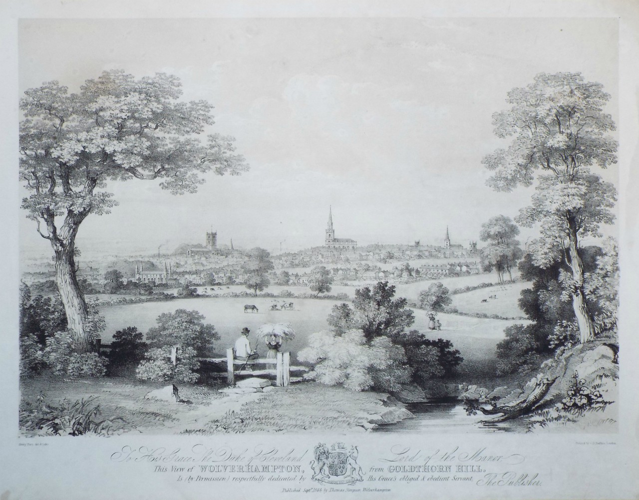 Lithograph - To His Grace The Duke of Cleveland Lord of the Manor, This View of Wolverhampton, from Goldthorn Hill. Is (by Permission) respectfully dedicated by His Grace's obliged & obedient Servant, The Publisher. - Burn