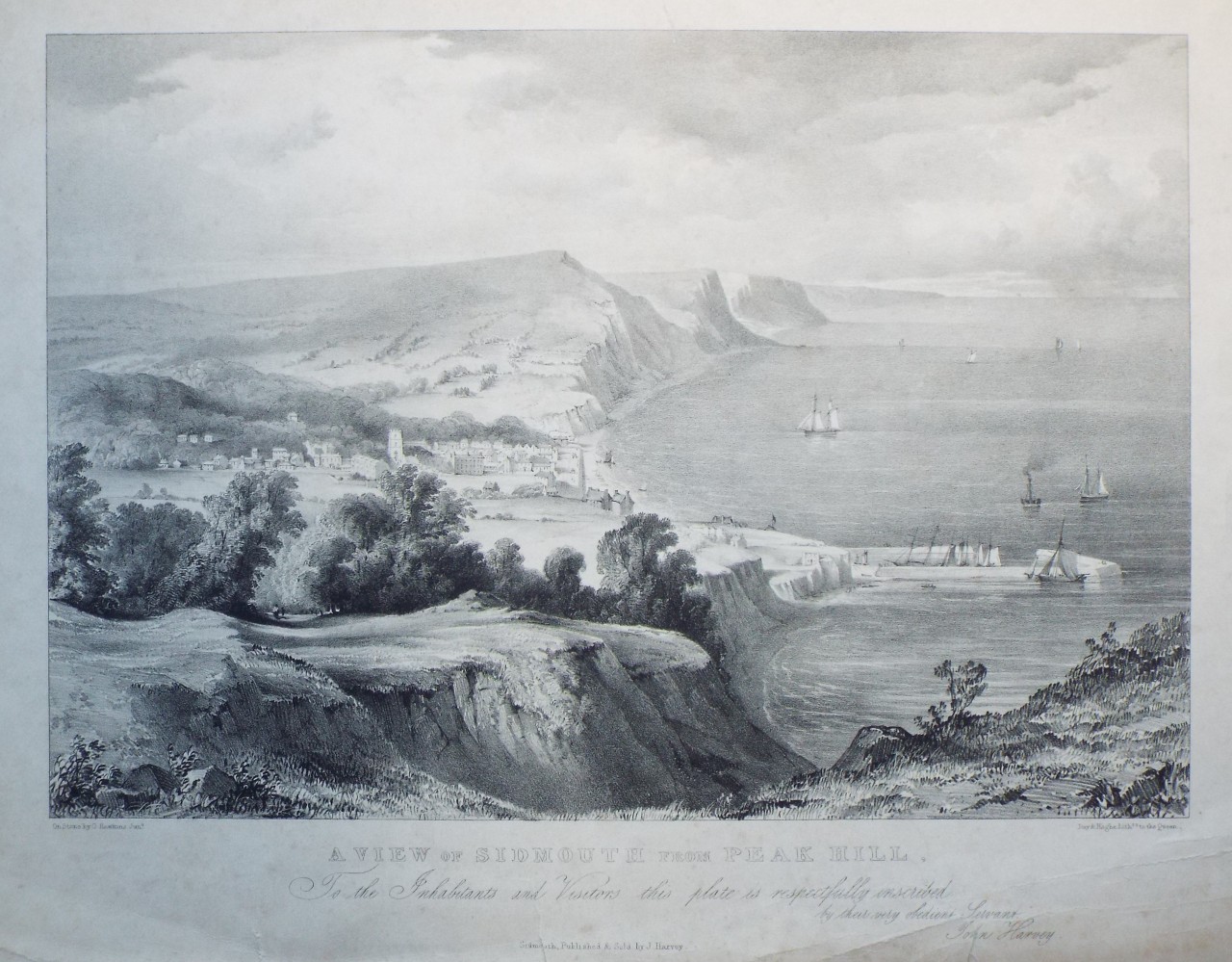 Lithograph - A View of Sidmouth from Peak Hill. - Hawkins