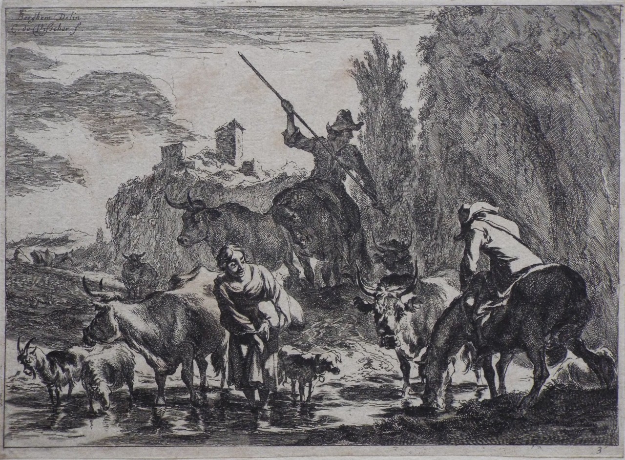 Etching - Landscape with a woman, cattle and a dog wading in a stream and two men on horseback nearby - Visscher