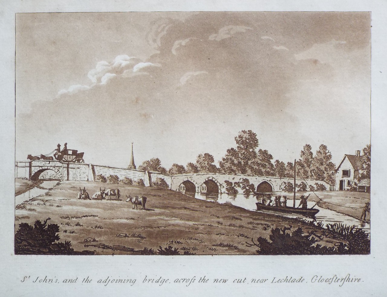 Aquatint - St. John's and the adjoining bridge, across the new cut, near Lechlade, Glocestershire. - Ireland