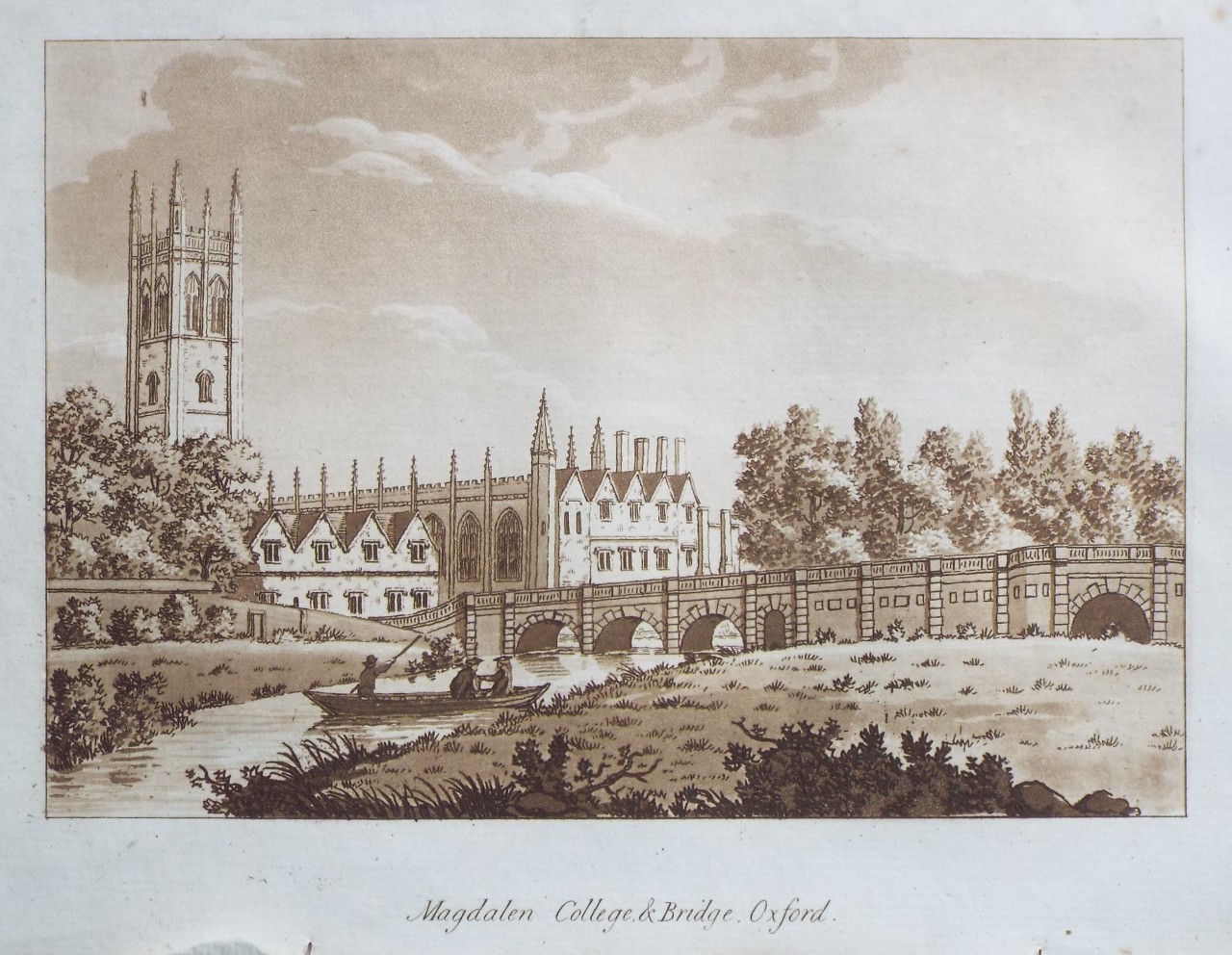 Aquatint - Magdalen College, & Bridge, Oxford. - Ireland