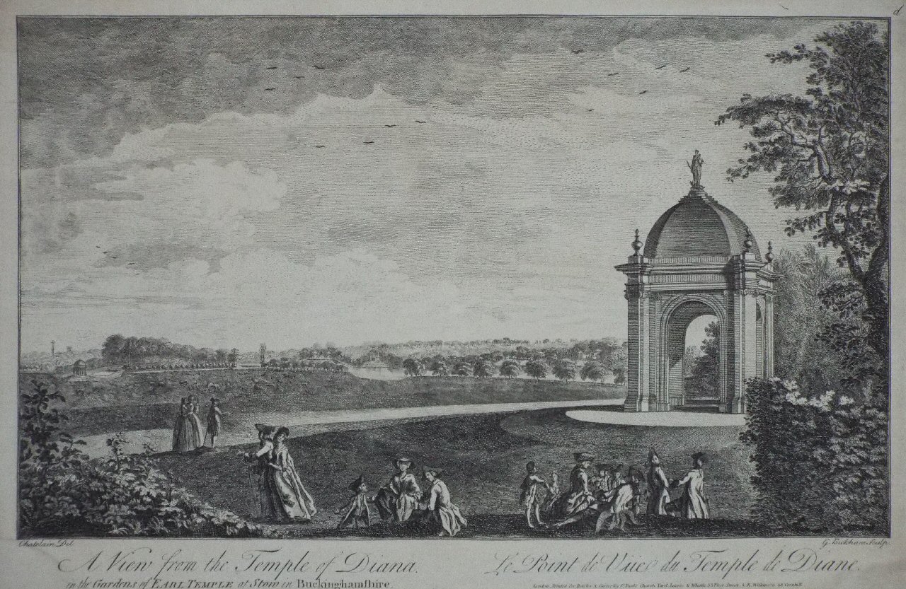 Print - A View from the Temple of Diana. in the Gardens of Earl Temple at Stow, in Buckinghamshire. - Bickham