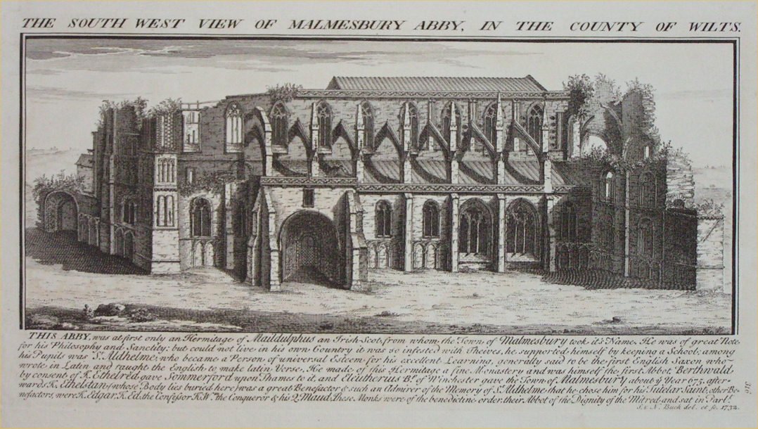 Print - The South View of Malmesbury Abby, in the County of Wilts. - Buck