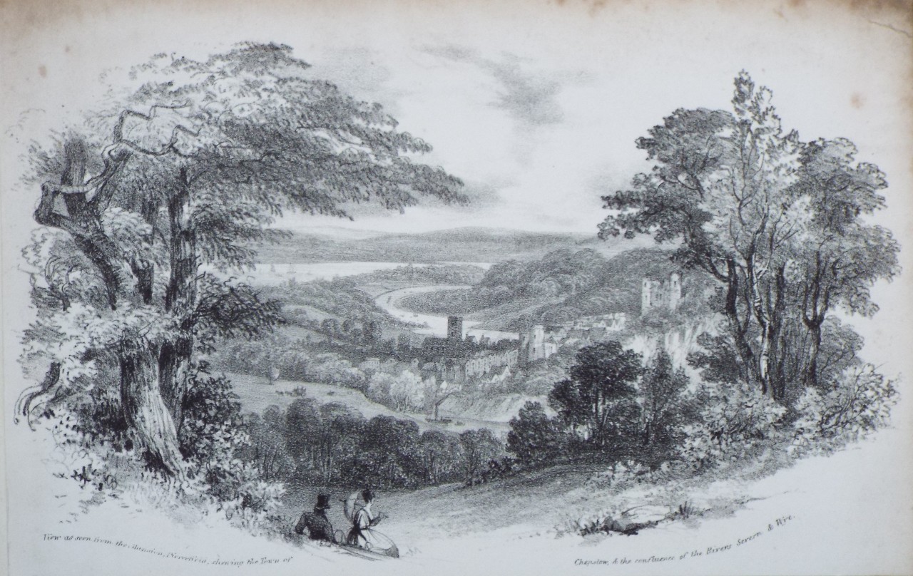 Lithograph - View as seen from the Mansion of Piercefield, showing the Town of Chepstow & the Confluence of the Rivers Severn & Wye. - Madeley