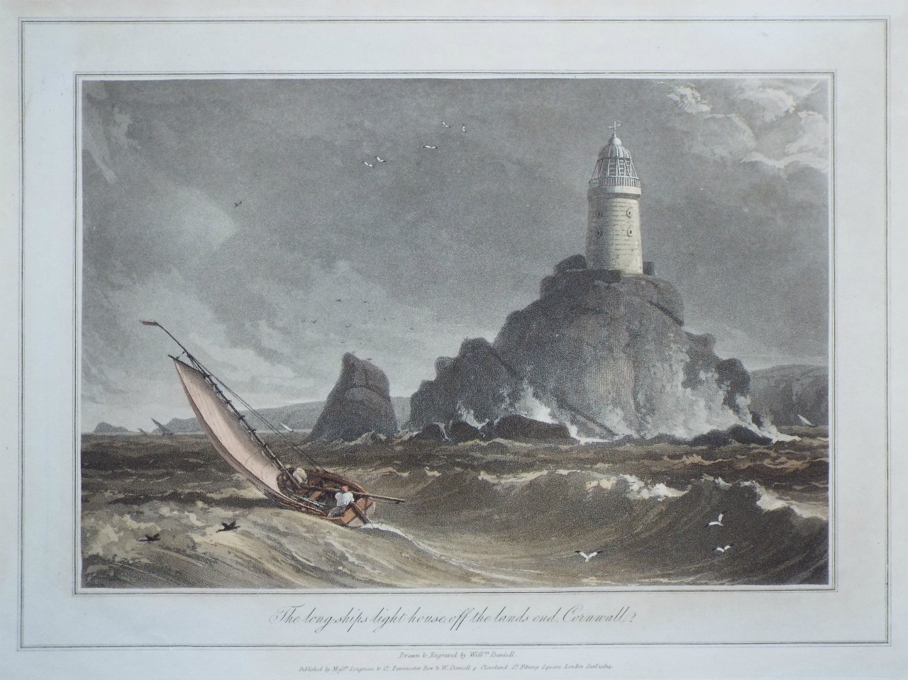 Aquatint - The long ships light house, off the lands end, Cornwall. - Daniell