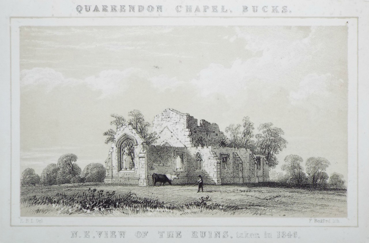 Lithograph - Quarrendon Chapel, Bucks. N. E. View of the Ruins. taken in 1846. - Bedford