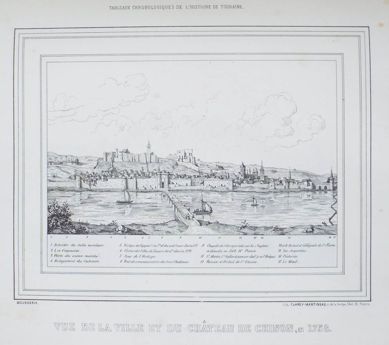 Lithograph - Vue de la Villeat du Chateau de Chinon, en 1758.