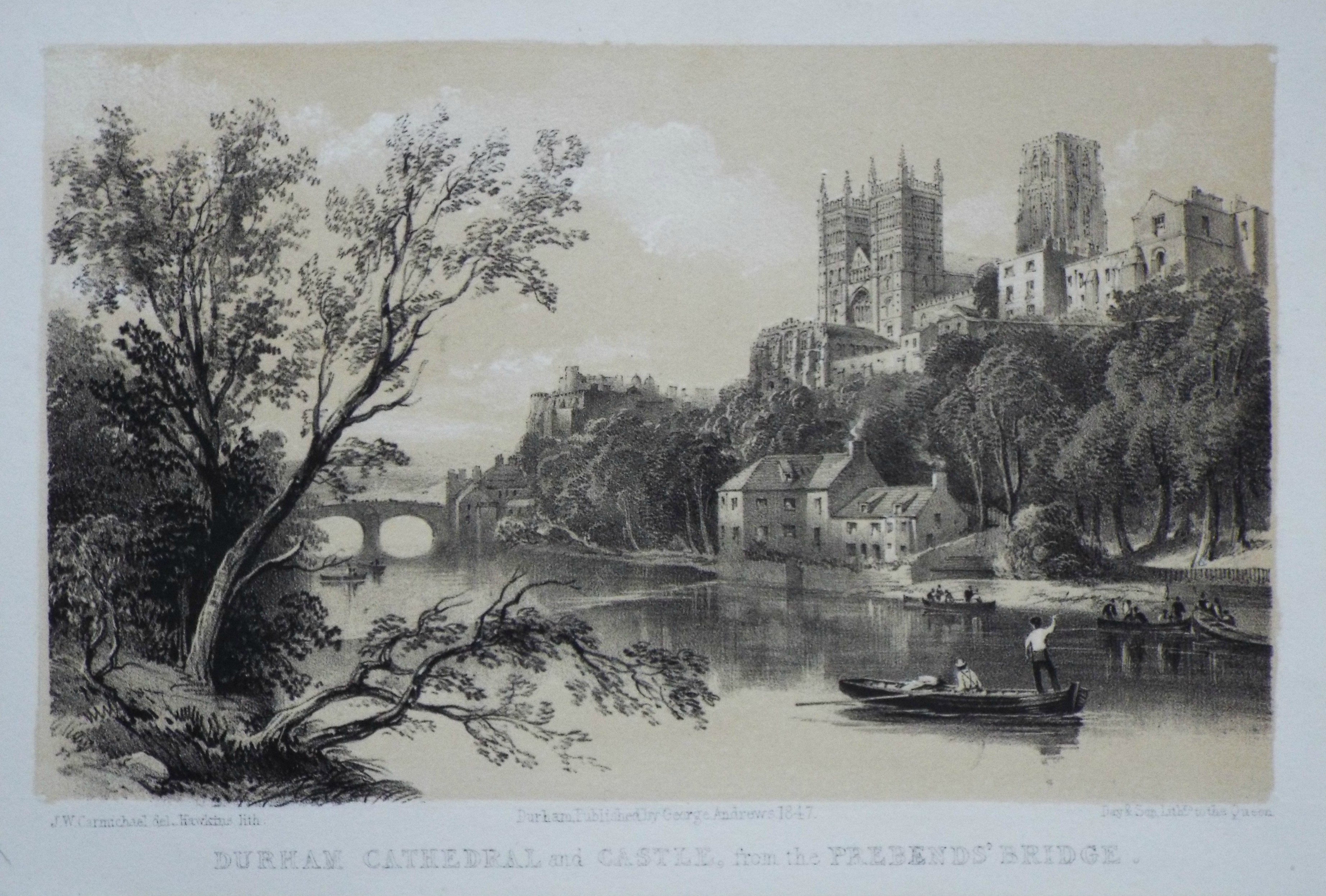 Lithograph - Durham Cathedral and Castle, from the Friends' Bridge. - 