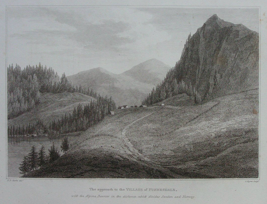 Print - The Approach to the Village of Funnesdale, with the Alpine Barrier in the distance, which divides Sweden and Norway - Byrne