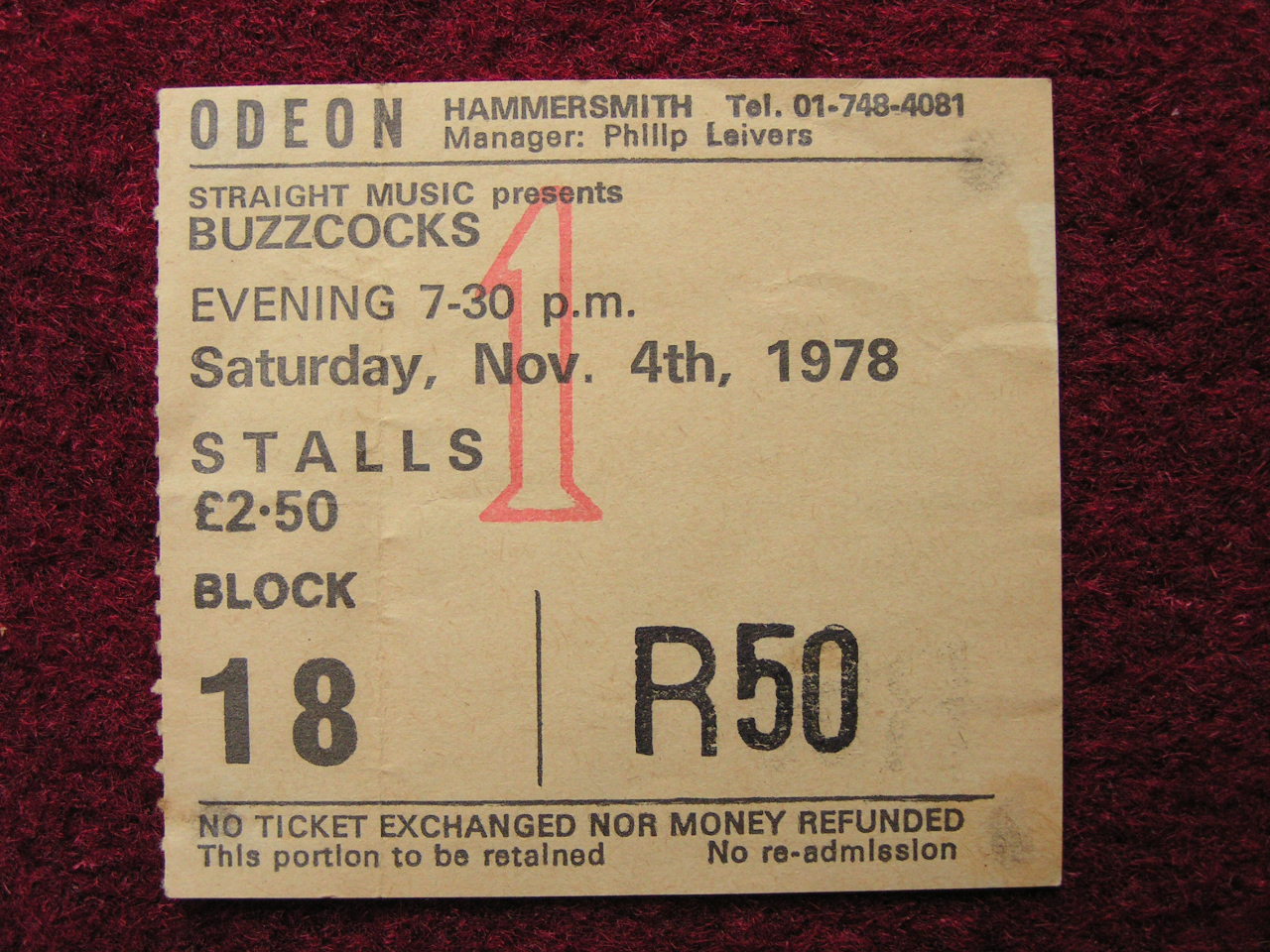 Ticket Stub - Buzzcocks Hammersmith Odeon Sat 4 Nov 78