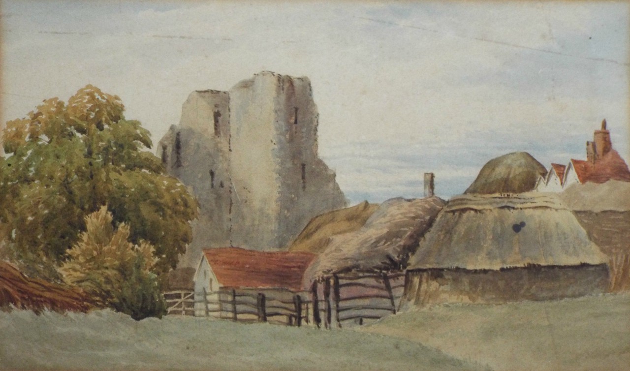 Watercolour - Ruined castle and farm buildings