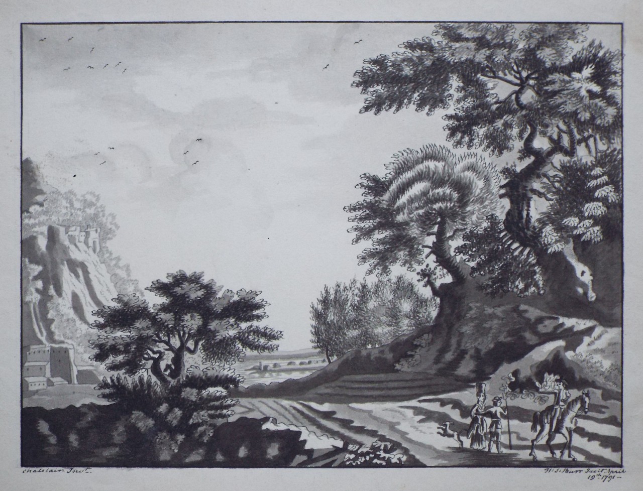 Ink & grey wash - Arcadian Landscape with travellers on a road