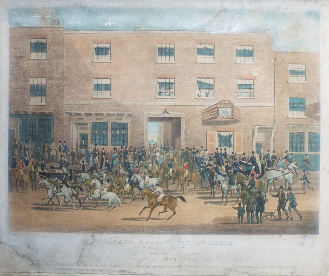 Aquatint - St. Albans Grand Steeple Chase, March 8th 1832. Plate I. Preparing to Start. - Hunt