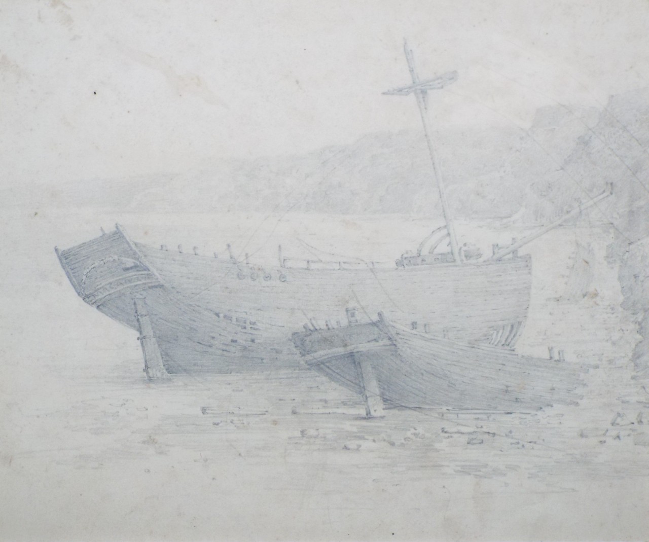 Pencil drawing - Two beached derelict sailing ships