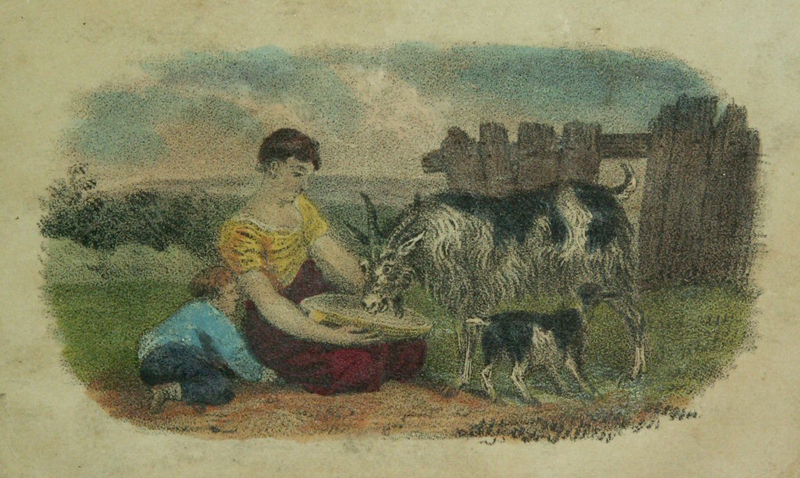 Lithograph - (Seated woman and boy feeding a goat)