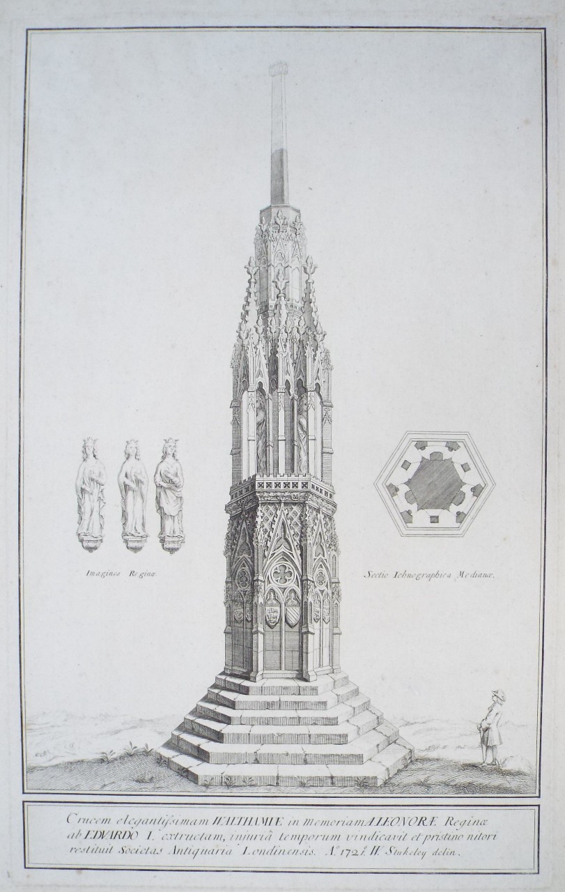 Print - Crucem elegantissimam Walthamiae in memoriam Aleanorae Reginae ab Eduardo I. extructam, injuria temporum vindicavit et pristino nitori restituit Societas Antiquaria Londiniensis, Ao. 1721. W. Stukeley delin.  - Vertue