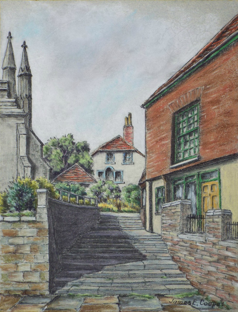 Watercolour and Pastel - The Steps of the Church, Frome