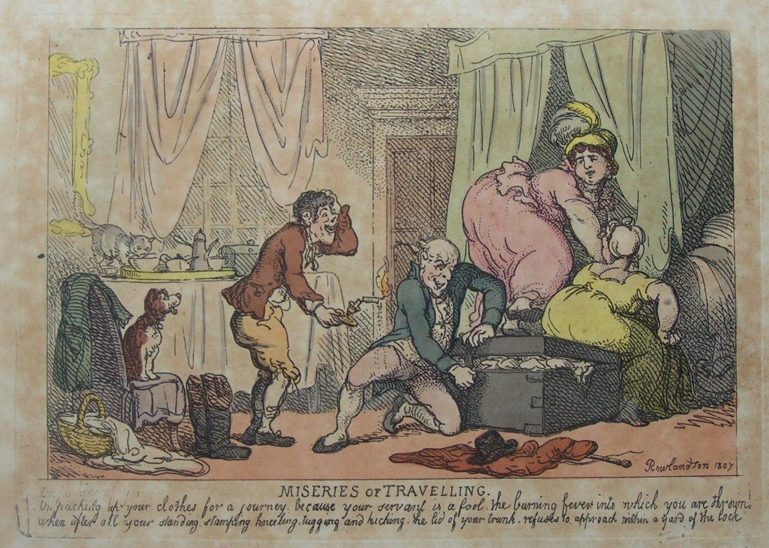 Etching - Miseries of Travelling. On packing up your clothes for a journey because your servant is a fool  - Rowlandson