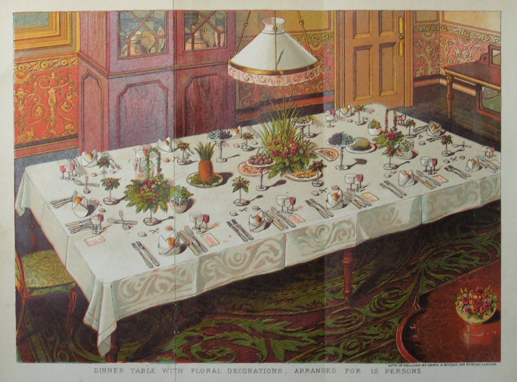 Chromolithograph - Dinner Table with Floral Decorations, Arranged for 16 Persons