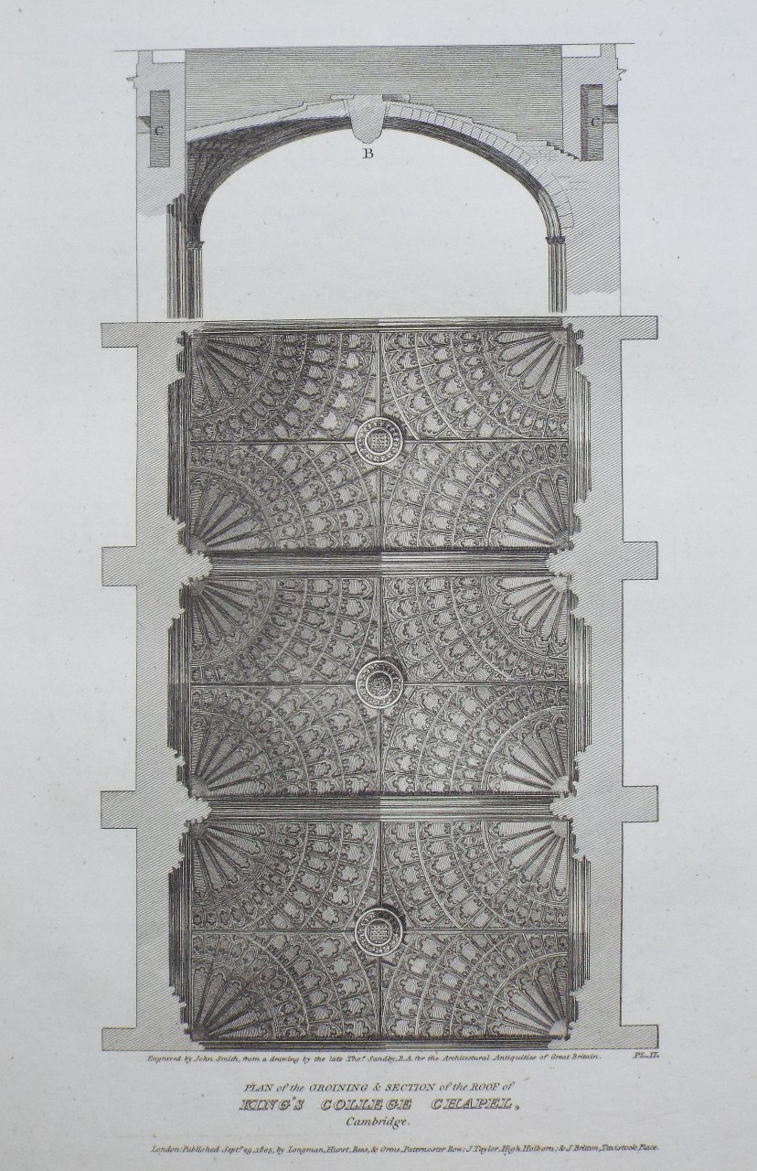 Print - Plan of the Groining & Section of the Roof of King's College Chapel, Cambridge. - Smith