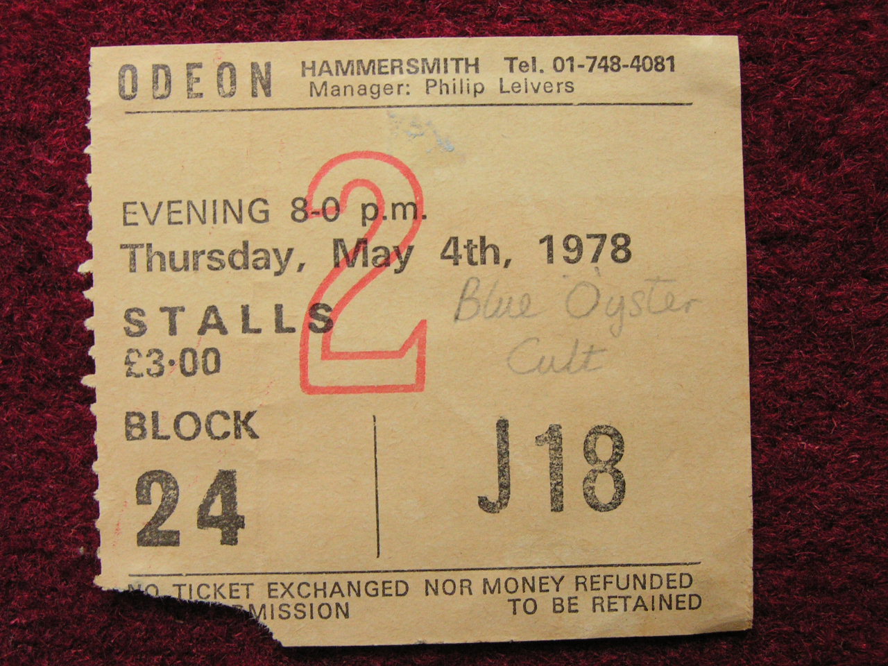 Ticket Stub - Blue Oyster Cult Hammersmith Odeon 4/5/78