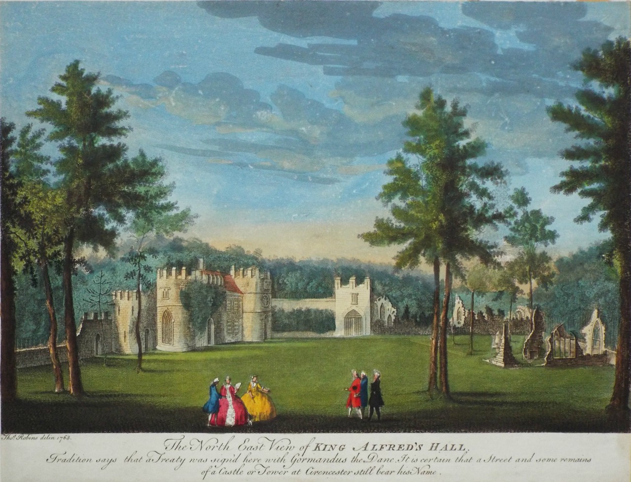 Print - The North East View of King Alfred's Hall. Tradition says that a Treaty was sign'd here with Gormandus the Dane. It is certain that a Street and some remains of a Castle or Tower at Cirencester still bear his Name.