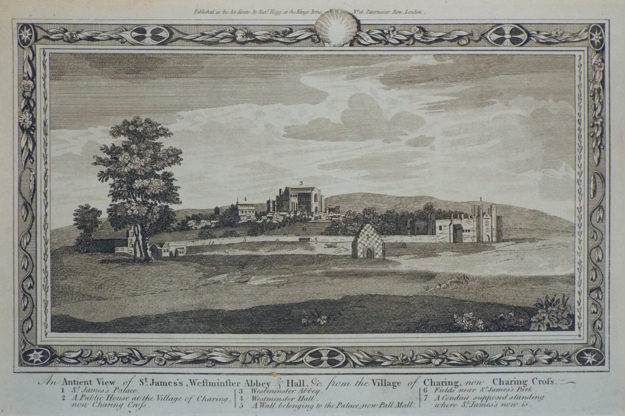 Print - An Antient View of St. James's, Westminster Abbey & Hall, &c from the Village of Charing, now Charing Cross.