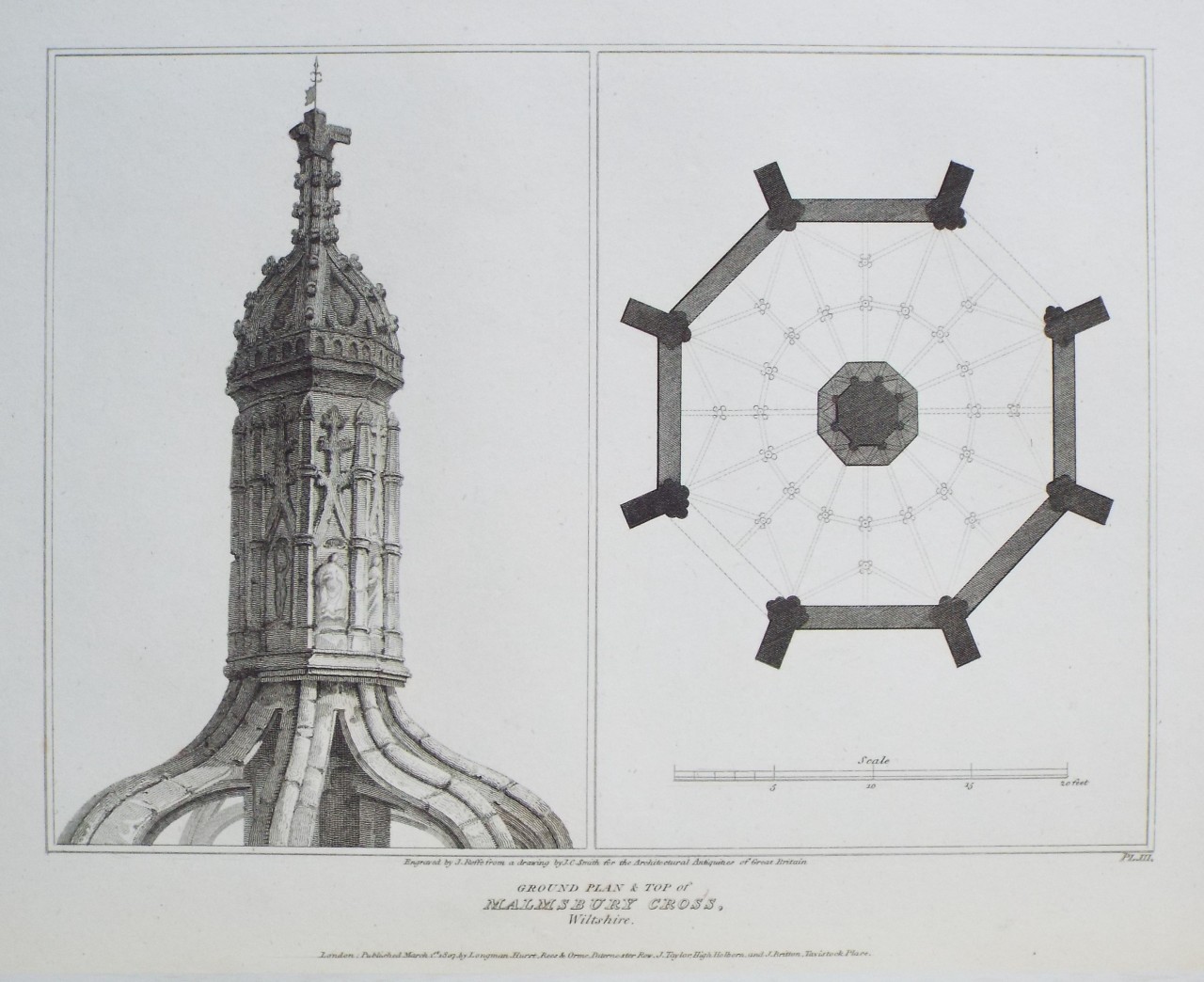 Print - Ground Plan & Top of Malmesbury Cross, Wiltshire. - Roffe