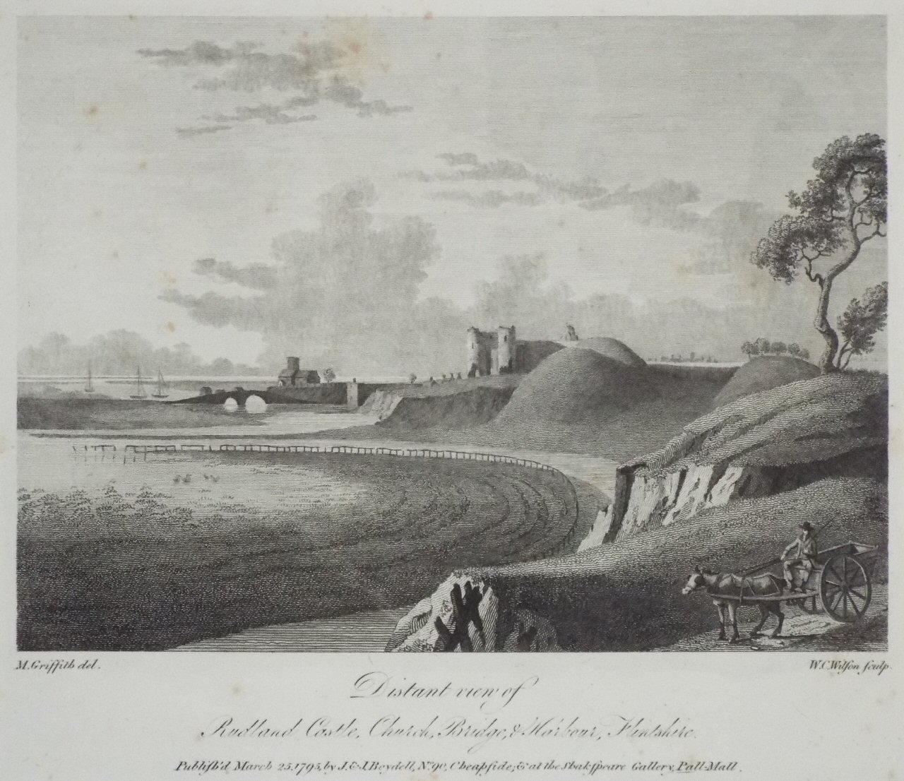 Print - Distant View of Rudland Castle, Church, Bridge, & Harbour, Flintshire. - Wilson