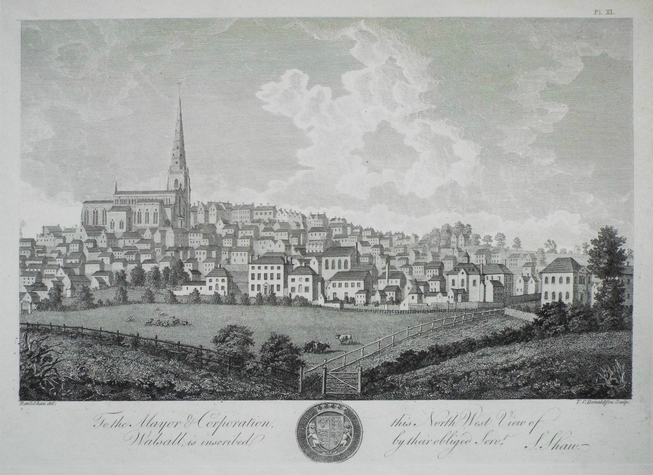 Print - To the Mayor & Corporation, this North West View of Walsall, is inscribed by their obliged Servt. S. Shaw. - Donaldson