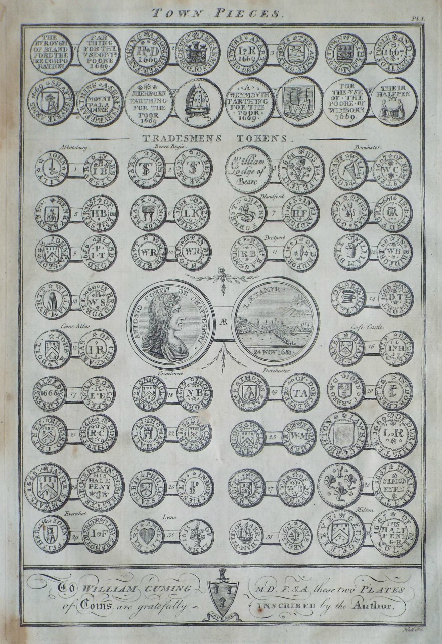 Print - Town Pieces. Tradesmens Tokens. To William Cuming M.D. F.S.A. these two Plats of Coinns are gratefully inscribed by the Author. - 