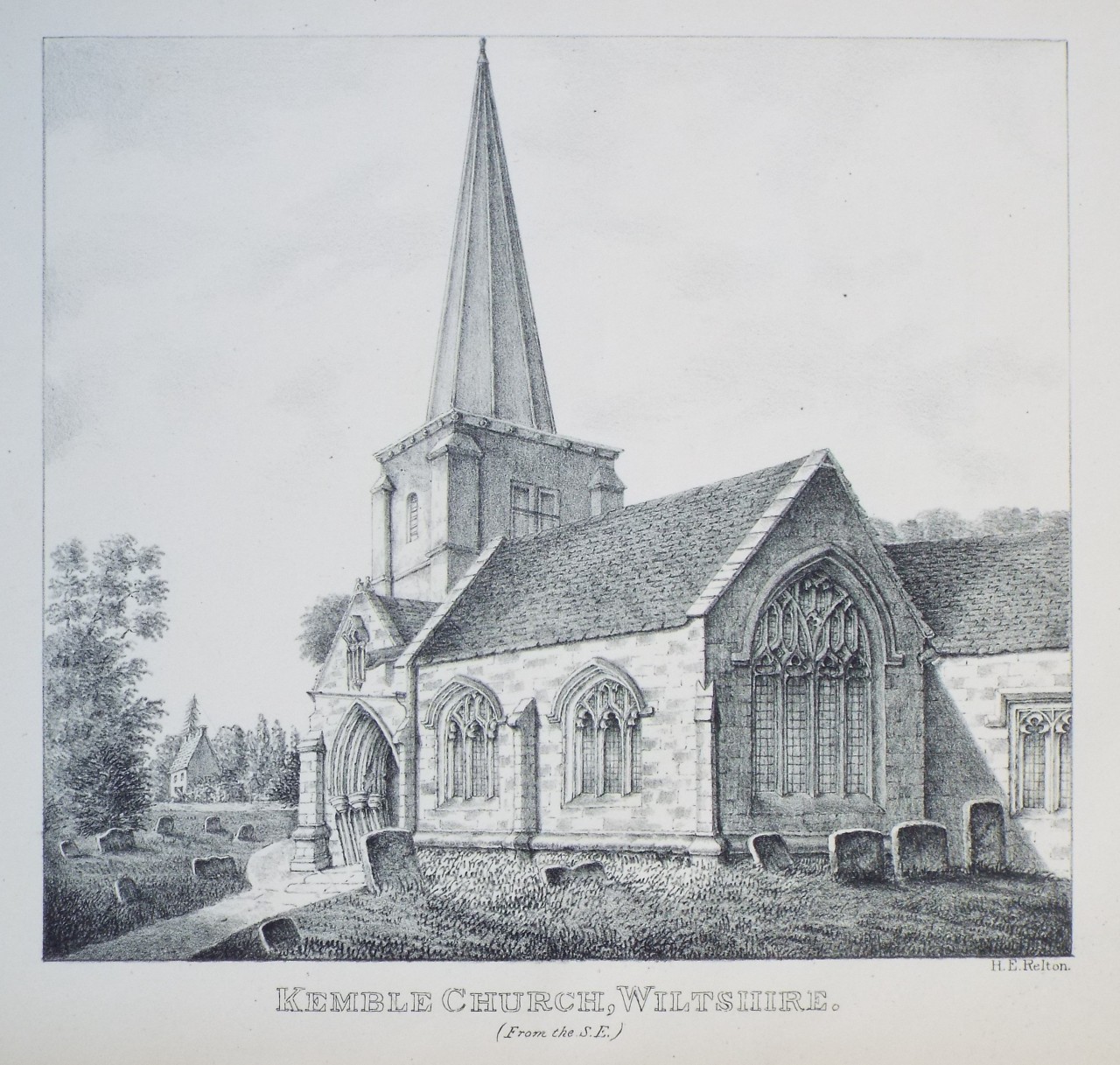 Zinc Lithograph - Kemble Church, Wiltshire. (From the S.E.) - Relton