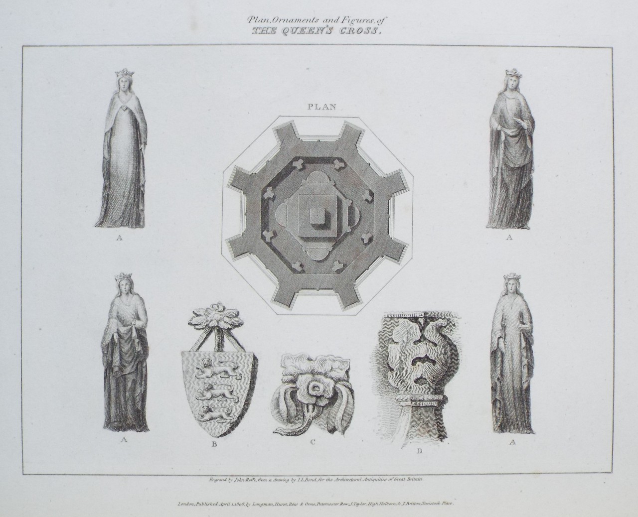 Print - Plan, Ornaments and Figures of The Queen's Cross. - Roffe