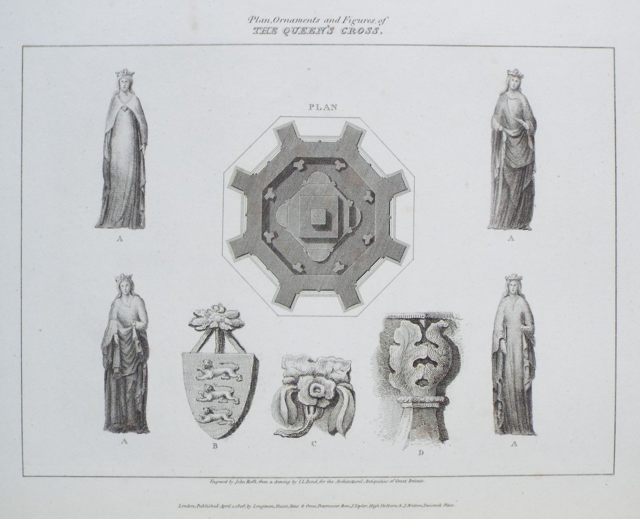 Print - Plan, Ornaments and Figures of The Queen's Cross. - Roffe