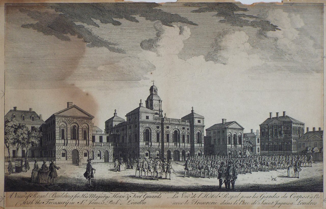 Print - A View of Royal Building for His Majestys Horse & Foot Guards with the Treasury in St. James's Park, London. La Vue de l'Hotel Royal pour les Gardes du Corps at a  ldie avec le Tresorerie dans le Parc de Saint Jaques a Londres.