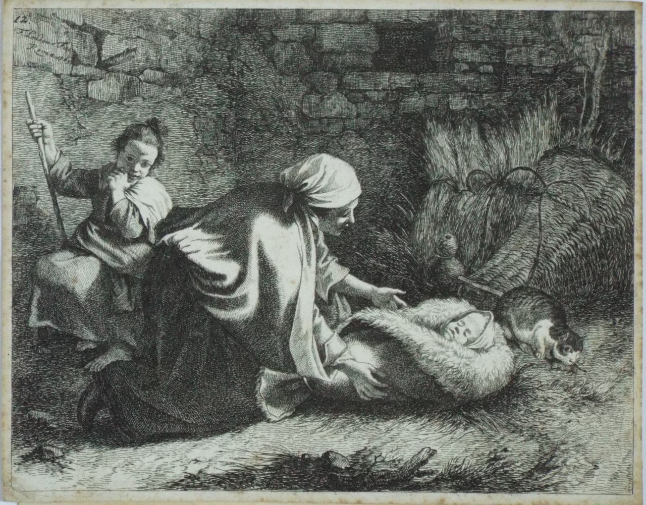 Etching - A baby swaddled in a blanket being set on the ground by a woman - Londonio