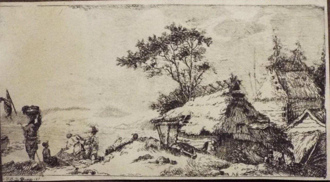 Etching - Landscape with three rustic houses and fisherman pulling nets from a river - Le