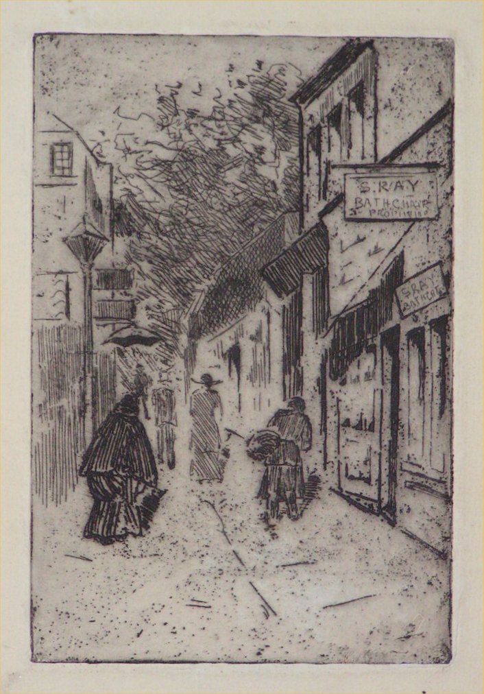 Etching - Untitled street scene with Bath Chair.. sign