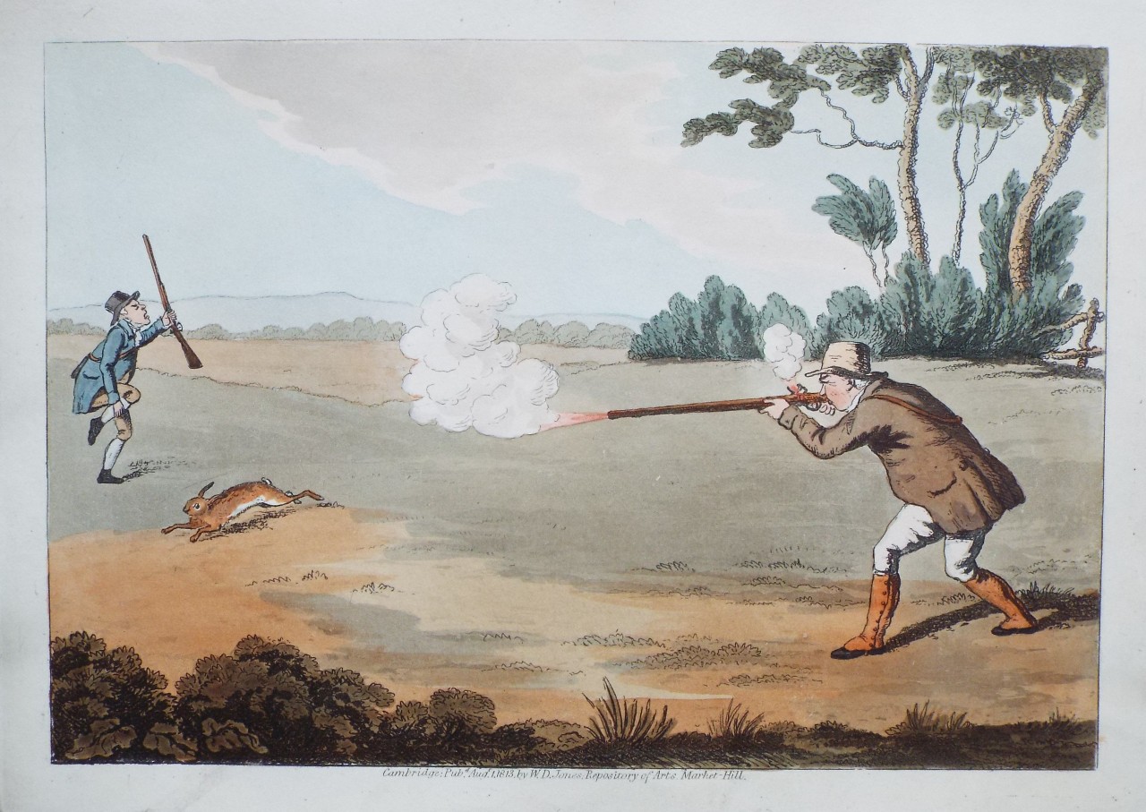 Aquatint - Sportsman firing at hare; second sportsman wounded. - Woodman
