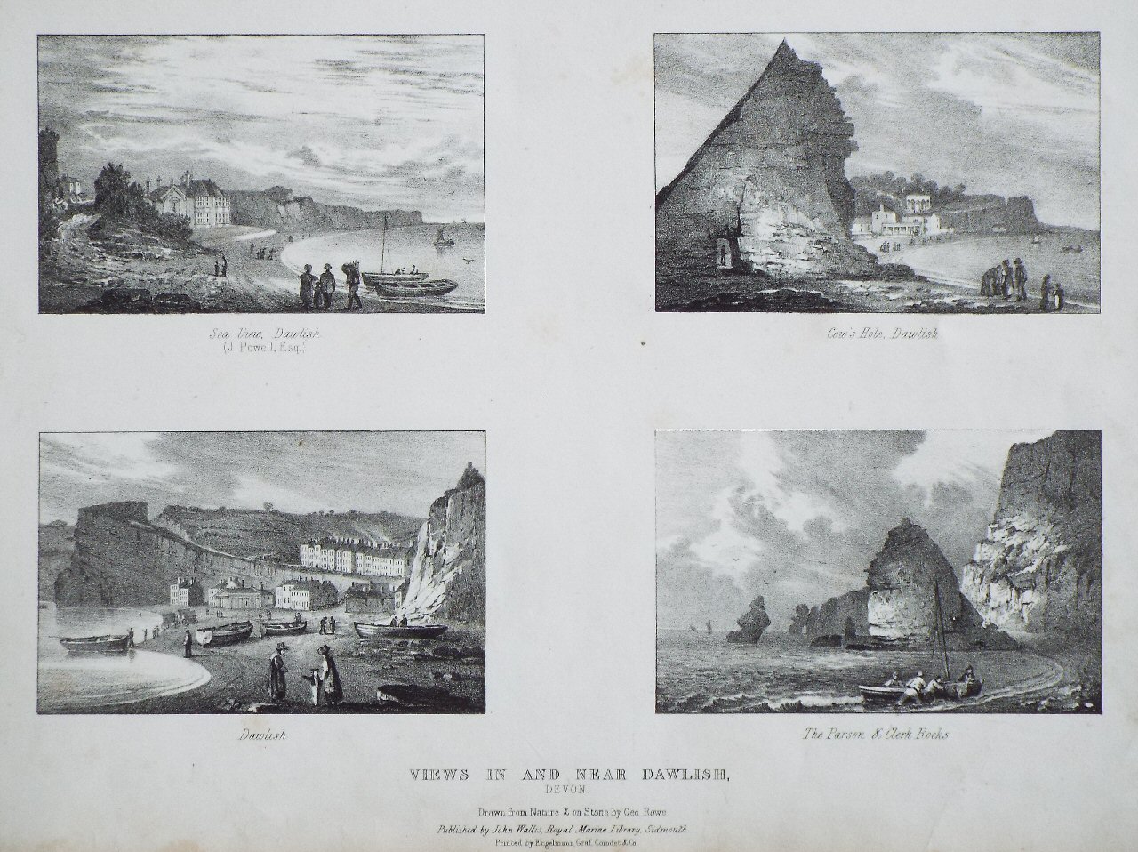 Lithograph - Views in and near Dawlish, Devon. Sea View Dalish (J. Powell Esqr.), Cow's Hole Dawlish, Dawlish, The Parson & Clerk Rocks - Rowe