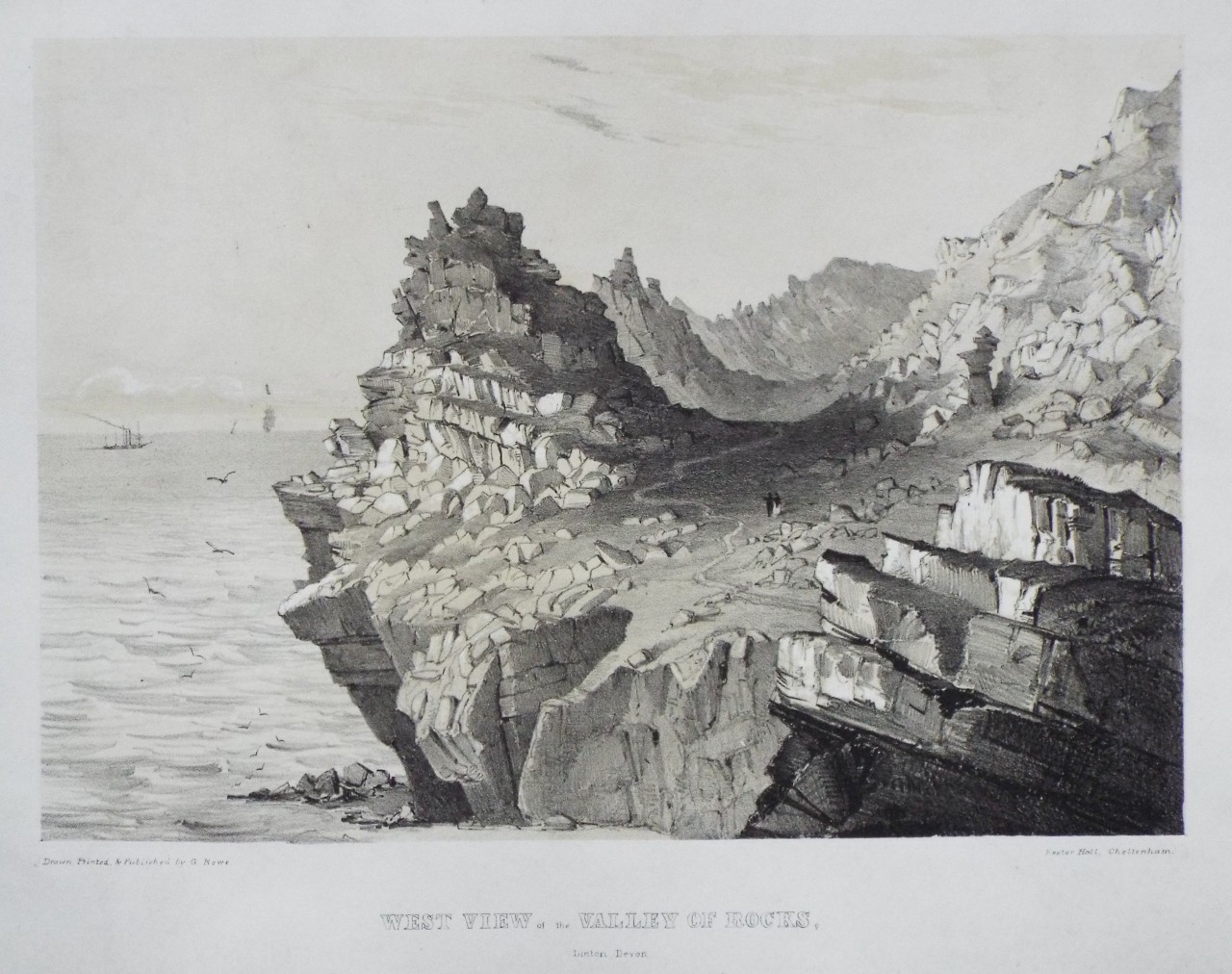 Lithograph - West View of the Valley of Rocks, Linton, Devon. - Rowe