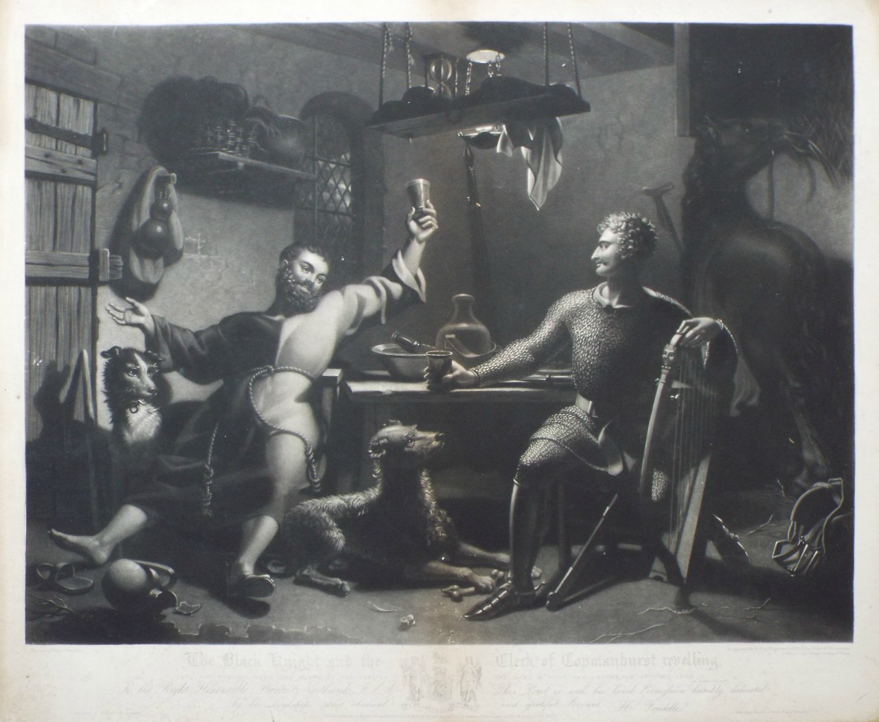 Mezzotint - The Black Knight and the Clerk of Copmanhurst revelling. - Say