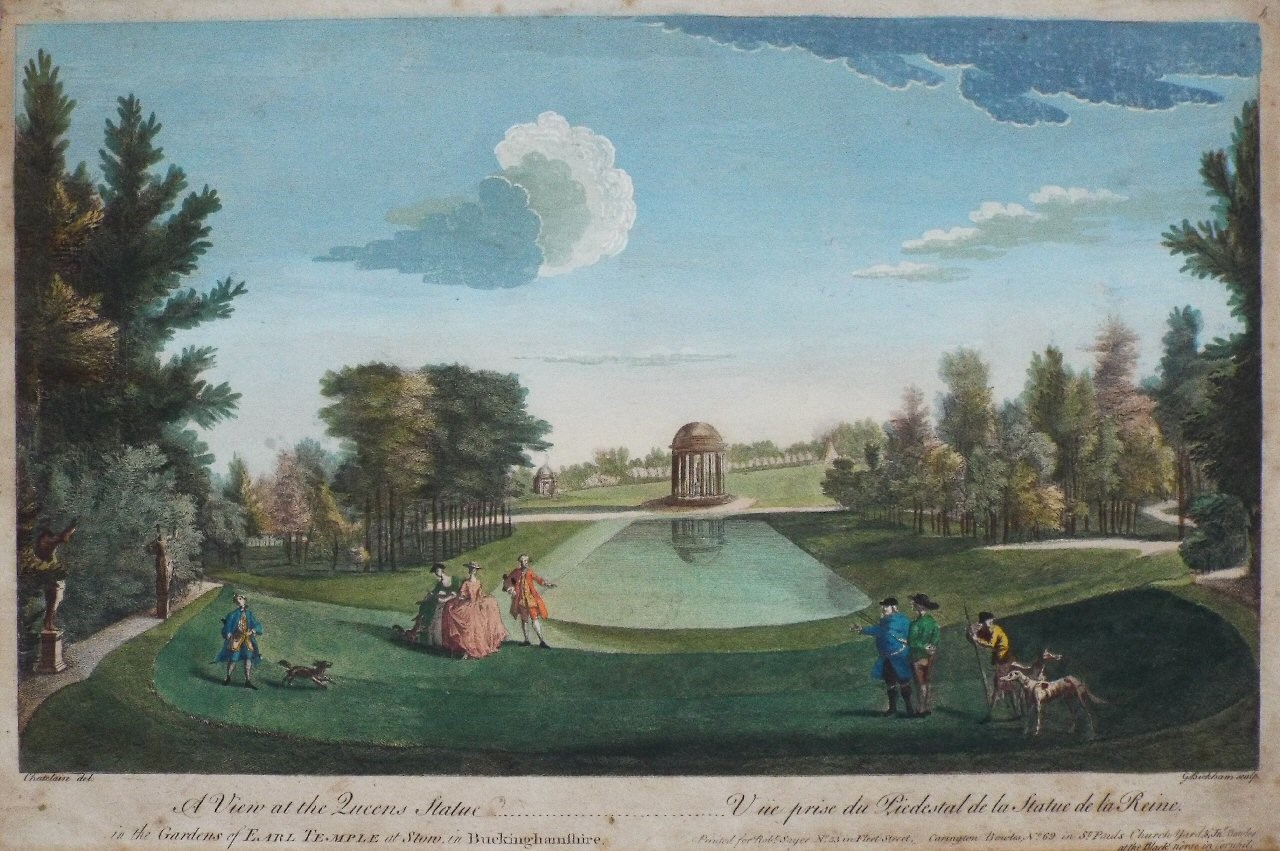Print - A View at the Queens Statue in the Gardens of Earl Temple at Stow, in Buckinghamshire. Vue prise du Piedestal de la Statue de la Reine. - Bickham